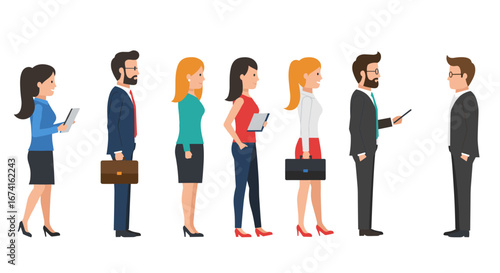 Office professionals with mobile devices and briefcases in line for business meeting