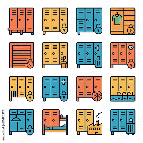 Linear fitness locker icon set featuring gym, pool, wardrobe, basketball, garden, laundry, industrial symbols