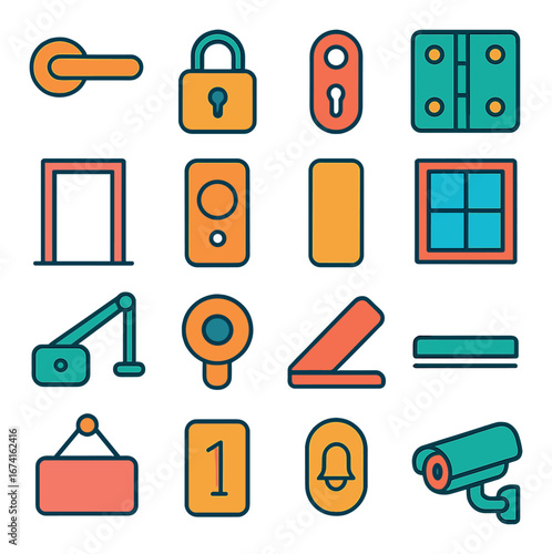 Linear security icon set: door, lock, keyhole, hinge, peephole, doorbell, handle, camera, sign, window