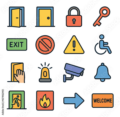 Linear security icon set featuring door, lock, exit, alarm, surveillance, fire, and welcome symbols