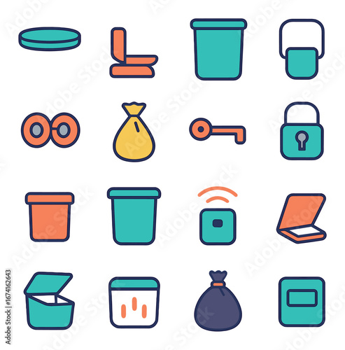 Linear recycle icon set featuring bin, waste, key, lock, trash bag, and box symbols