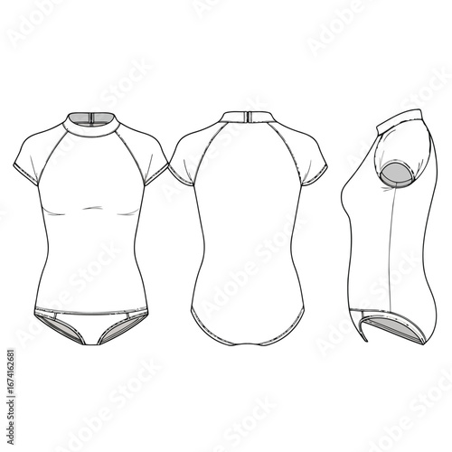 Technical fashion flat drawing of a women's short sleeve surf suit