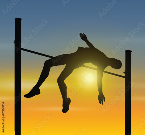 Silhouette of man high jump athlete jumping over the lath against sunset sky vector graphic illustration.