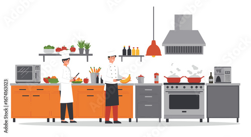 Chefs cooking in modern kitchen with fresh ingredients and bright appliances