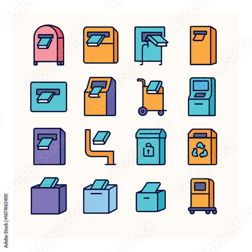 Flat atm icon set featuring card insertion, withdrawal, security box, recycling, and mailbox symbols