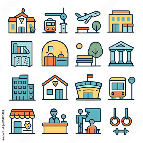Linear city icon set featuring school, train, plane, museum, library, hotel, airport, park, hospital