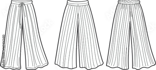 Wide-leg pants fashion design, front and back view, pleated trousers, elastic waistband, drawstring detail, casual clothing, stylish garment, sewing pattern, apparel template, clothing design.
