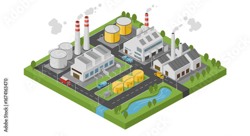 Isometric industrial complex with factories and tanks in modern urban landscape