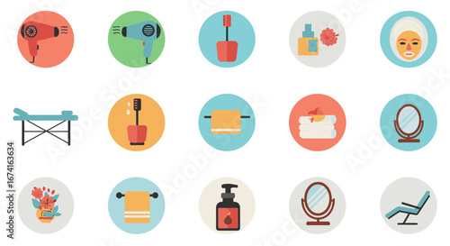 Beauty salon icons set featuring hairdryer, mirror, towel, and lotion in modern flat style