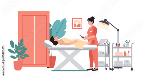 Woman receiving spa treatment in modern wellness center with professional
