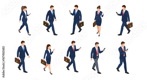 Isometric business professionals walking and using mobile devices