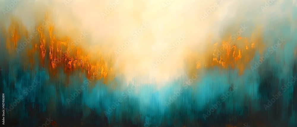 Fototapeta premium Abstract Gold Teal Landscape Painting, Warm Sunset Hues, Textured Canvas Art