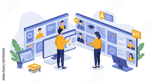 Online team collaboration concept with digital profiles and remote work interaction