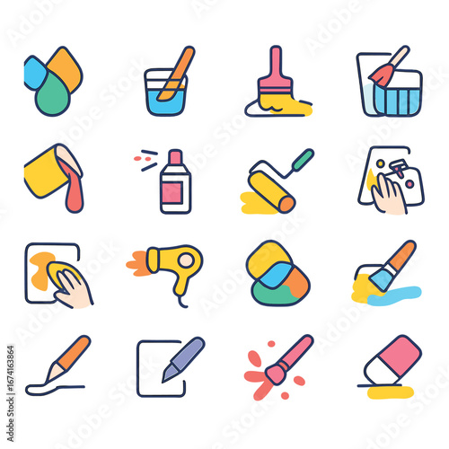 Linear cleaning tools icon set featuring mop, bucket, brush, roller, spray bottle, and sponge symbols
