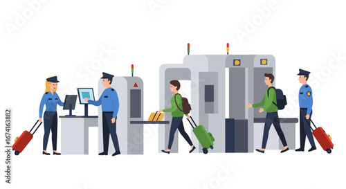 Airport security screening process with passengers and officers in uniform