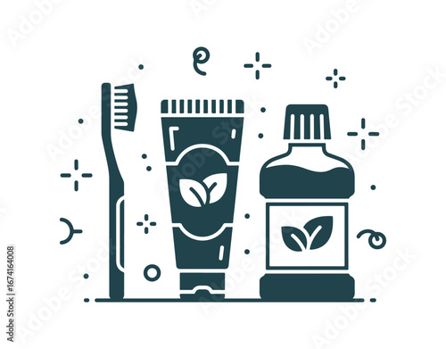 Cosmetology icon represented as a glyph. Includes a toothbrush, toothpaste, and mouthwash. Focus on tooth disinfection. Concept of natural cosmetics. Solid filled sign. Isolated silhouette vector