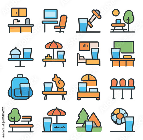Flat summer vacation icon set featuring beach, pool, picnic, camping, hotel, and park symbols