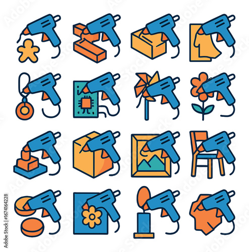 Linear craft tool icon set featuring glue gun, woodworking, fabric, jewelry, electronics, paper, and more