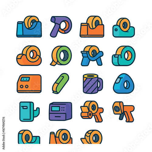 Flat office supplies icon set featuring tape, mug, tape dispenser, printer, camera icons