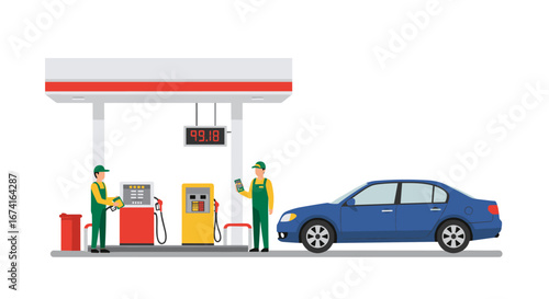 Gas station scene with workers and car in flat design style