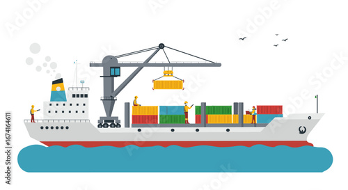 Cargo ship with crane loading containers at sea in flat design