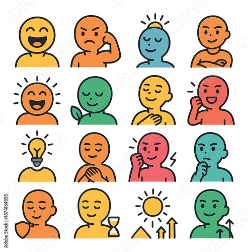 Flat emotions icon set featuring happy, sad, calm, confident, idea, and gesture symbols