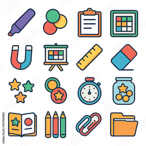 Flat education icons set featuring highlighter, clipboard, chart, magnet, ruler, and stopwatch