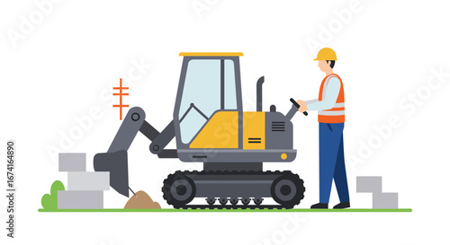 Construction worker operating compact excavator in flat design with safety gear