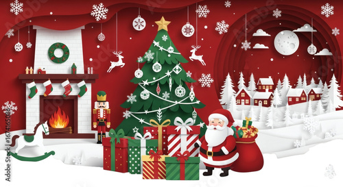 Festive christmas scene with santa, tree, fireplace, and gifts