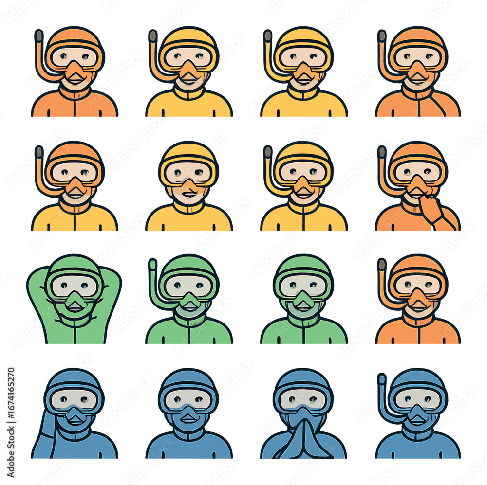 Fototapeta premium Flat diving icon set featuring scuba diver, mask, snorkel, fins, wetsuit, flippers, oxygen tank