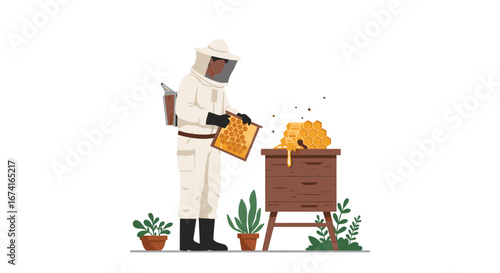 Beekeeper in protective suit harvesting honeycomb from hive with bees and plants