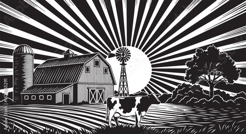 Black and white illustration of a farm scene with barn windmill cow and sunburst rural