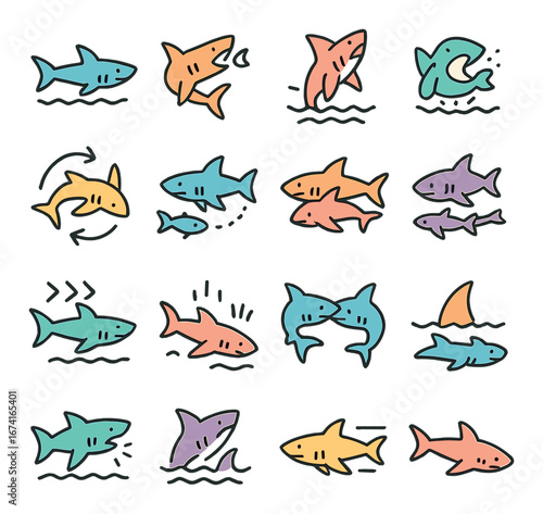 Flat ocean animal icon set featuring shark, fish, swimming, jumping, and underwater symbols