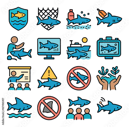 Flat shark icon set featuring conservation, safety, attack, and ocean life symbols