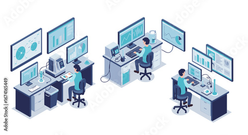 Isometric office workspace with data analysis on multiple screens