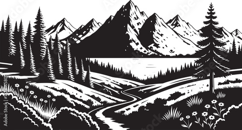 Black and White Landscape of Mountains Lake and Winding Path with Wildflowers mountain range
