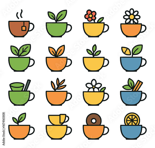 Flat tea icon set featuring herbal, floral, lemon, peppermint, chamomile, ginger, and cinnamon symbols
