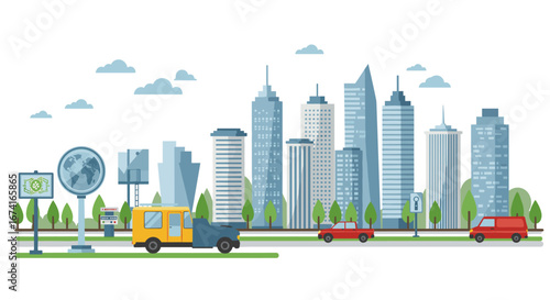 Urban cityscape with modern skyscrapers and traffic in flat design style