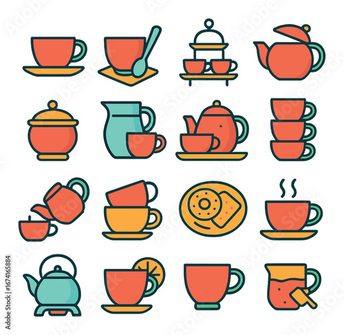 Flat tea icon set featuring teapot, cup, saucer, spoon, kettle, lemon, and sugar symbols