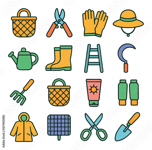 Linear gardening icon set featuring watering can, gloves, hat, ladder, pruners, boots, coat, rake
