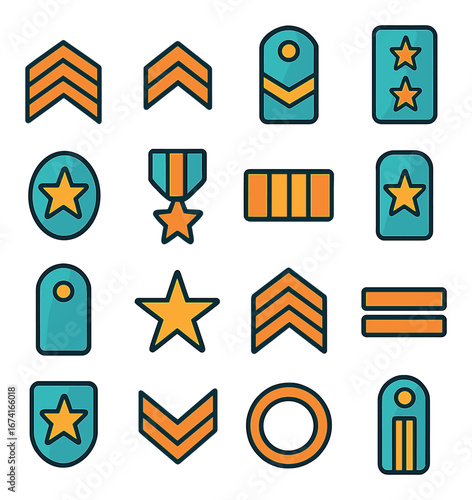Flat military rank icons set: chevron, insignia, badge, star, medal, and stripes symbols