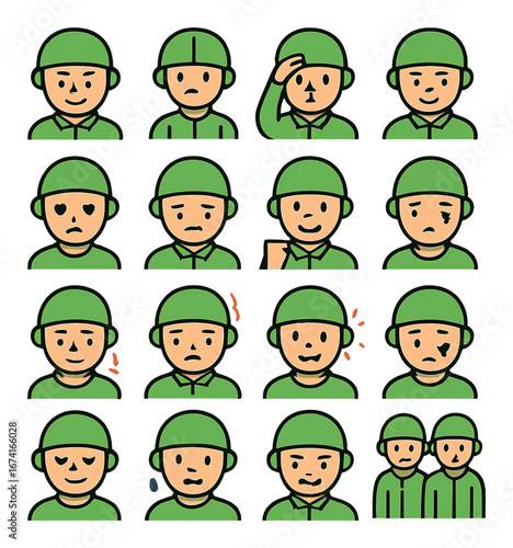 Linear soldier emoji icon set featuring happy, sad, angry, surprised, confused, and salute expressions
