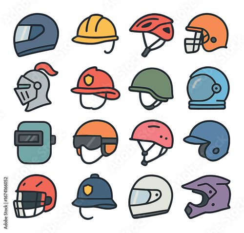 Linear safety helmet icon set featuring construction, firefighter, knight, motorcycle, and cycling designs