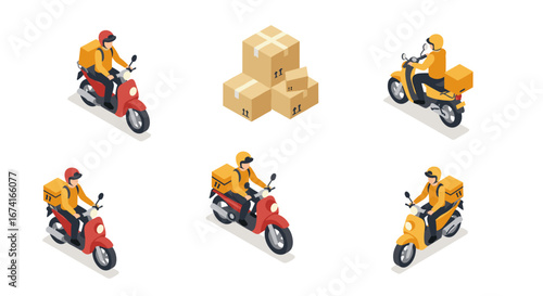 Isometric delivery motorbikes and packages with couriers in motion