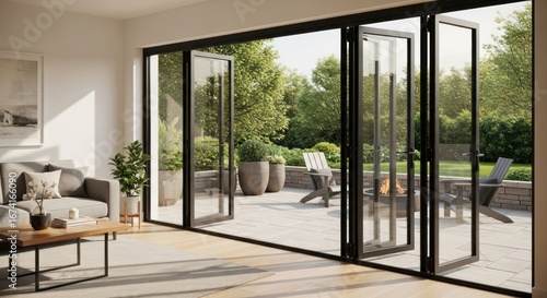 Contemporary living room with open patio doors to outdoor space