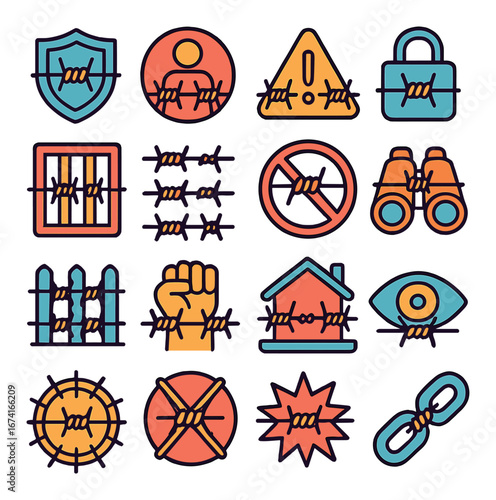 Linear security icons set featuring shield, alert, padlock, fence, fist, house, and chain symbols