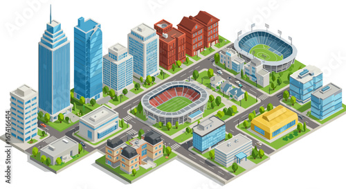 Modern urban cityscape with stadiums and skyscrapers in isometric style