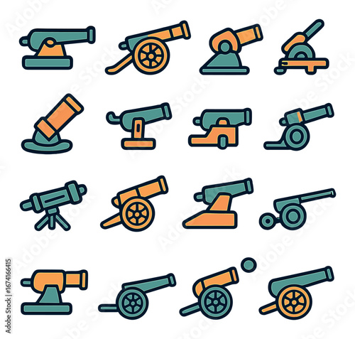 Linear medieval warfare icons set featuring cannon, catapult, trebuchet, ballista, and siege tower symbols