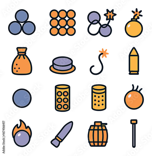 Linear icons set of three bombs, dynamite, grenade, mine, bullet, bomb fuse, powder keg