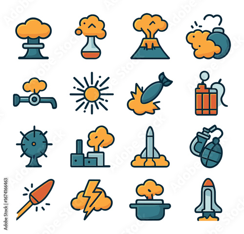 Linear explosion icon set featuring nuclear, volcano, bomb, missile, and rocket symbols
